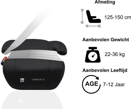 Liefjes & Co Autostoelverhoger Zwart – Zitverhoger voor Kinderen 125-150 cm (22-36 kg) – Geschikt voor 7-12 Jaar – Autozitje Booster