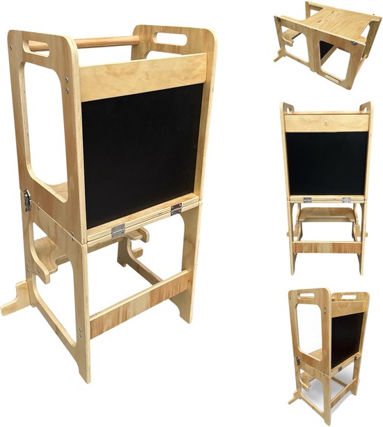 Liefjes & Co 4-in-1 Montessori Leertoren – Keukentoren, Kindertrap, Tekenbord & Speeltafel – FSC® Hout