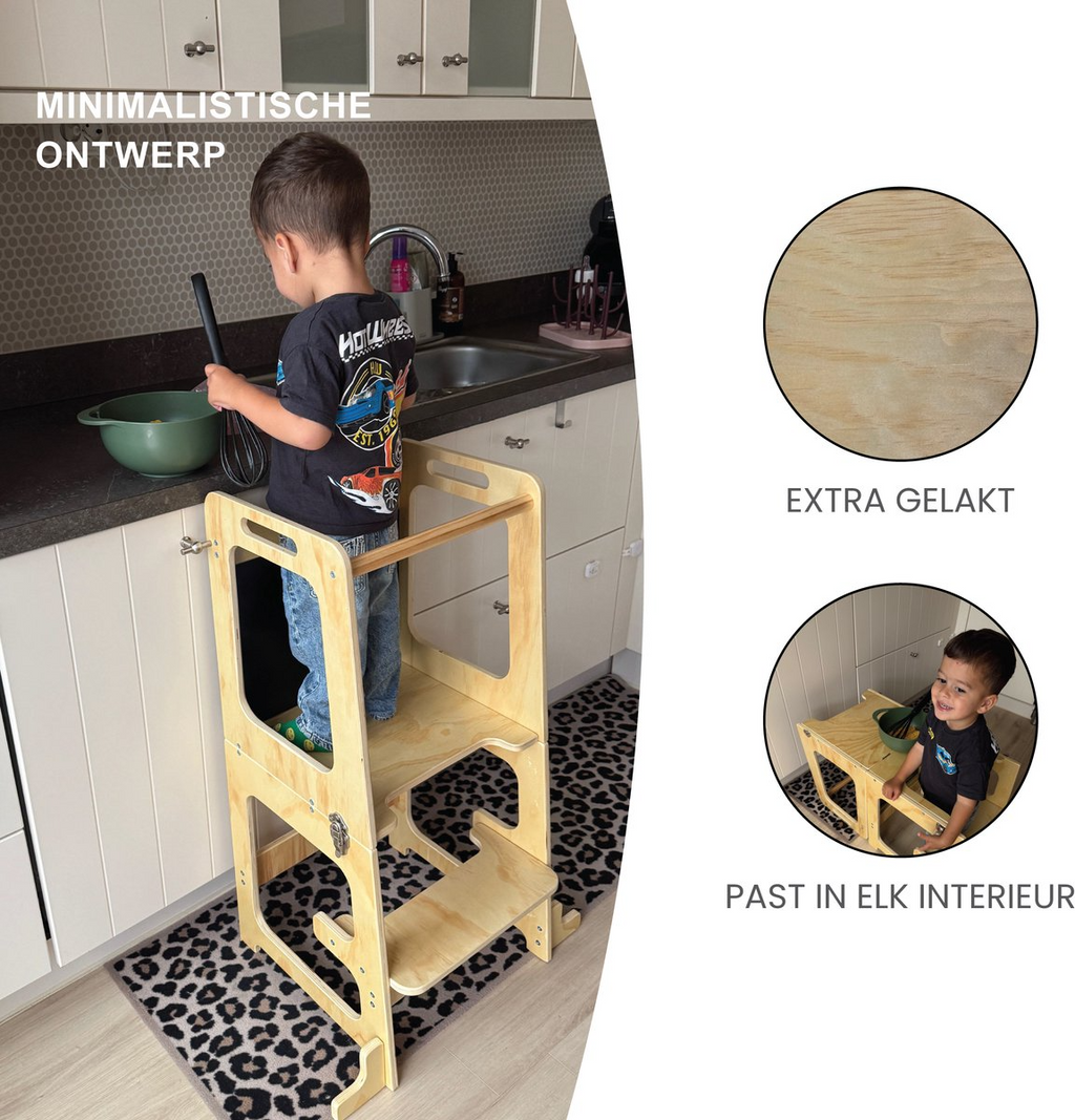 Liefjes & Co 4-in-1 Montessori Learning Tower – Kitchen Tower, Children's Staircase, Drawing Board & Play Table – FSC® Wood
