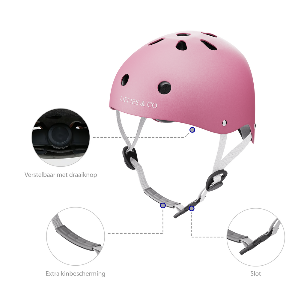 Liefjes & Co – Fietshelm Kind - Kinderhelm - Pastelroze Maat S (48–56 cm) – Verstelbaar – Ventilerend – Met Kinbescherming