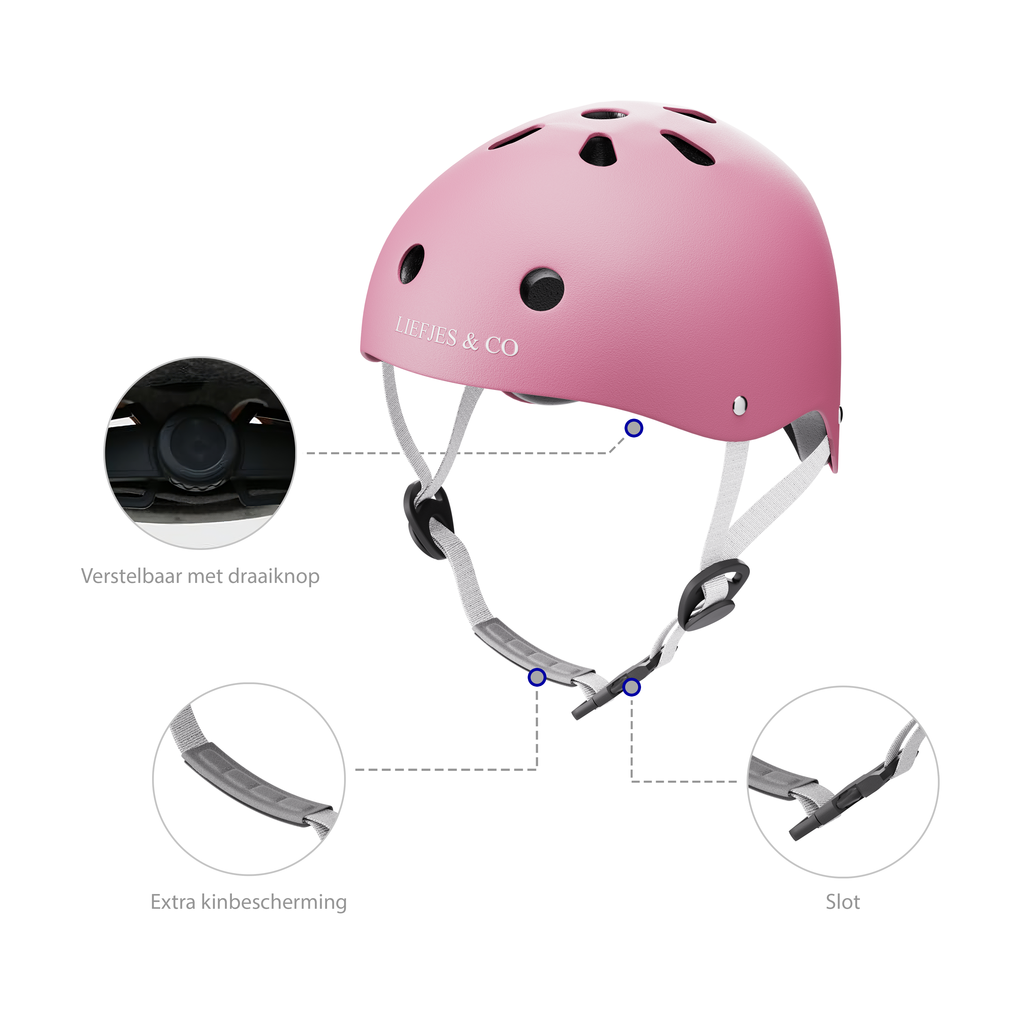 Liefjes & Co – Fietshelm Kind - Kinderhelm - Pastelroze Maat S (48–56 cm) – Verstelbaar – Ventilerend – Met Kinbescherming